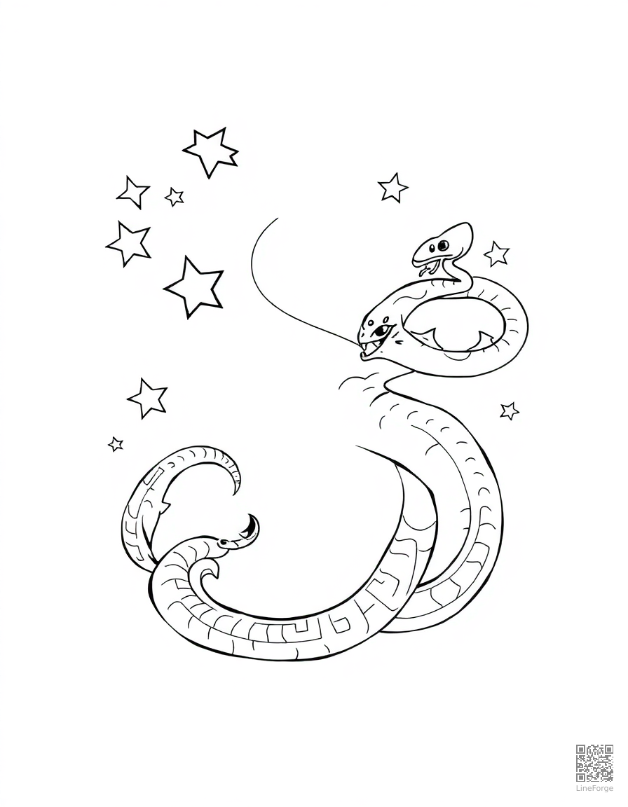 letter S decorated with stars and snakes coloring page Manga style - free printable