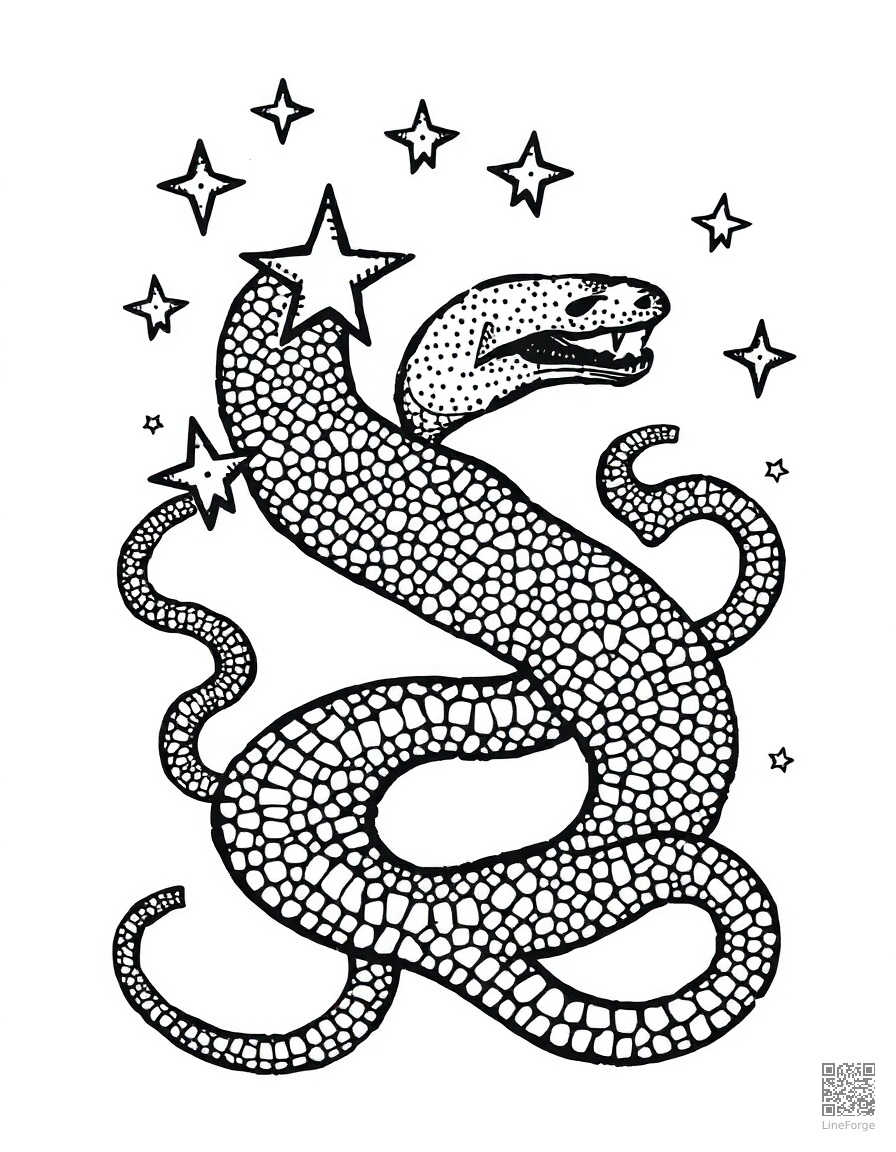letter S decorated with stars and snakes coloring page Stipple style - free printable
