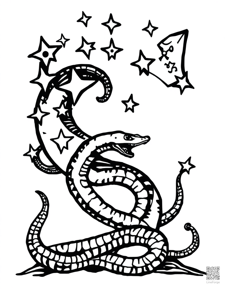 letter S decorated with stars and snakes coloring page Woodcut style - free printable