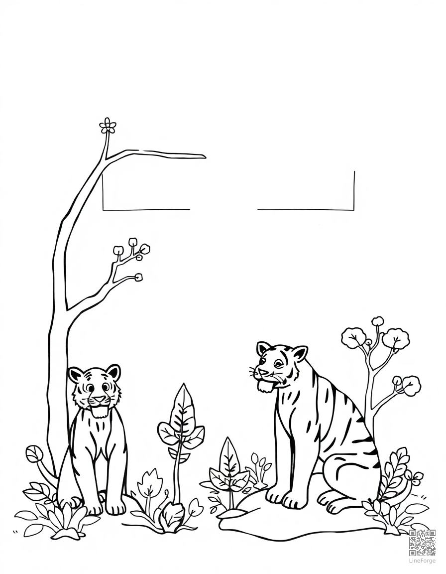 letter T decorated with tigers and trees coloring page Contour style - free printable