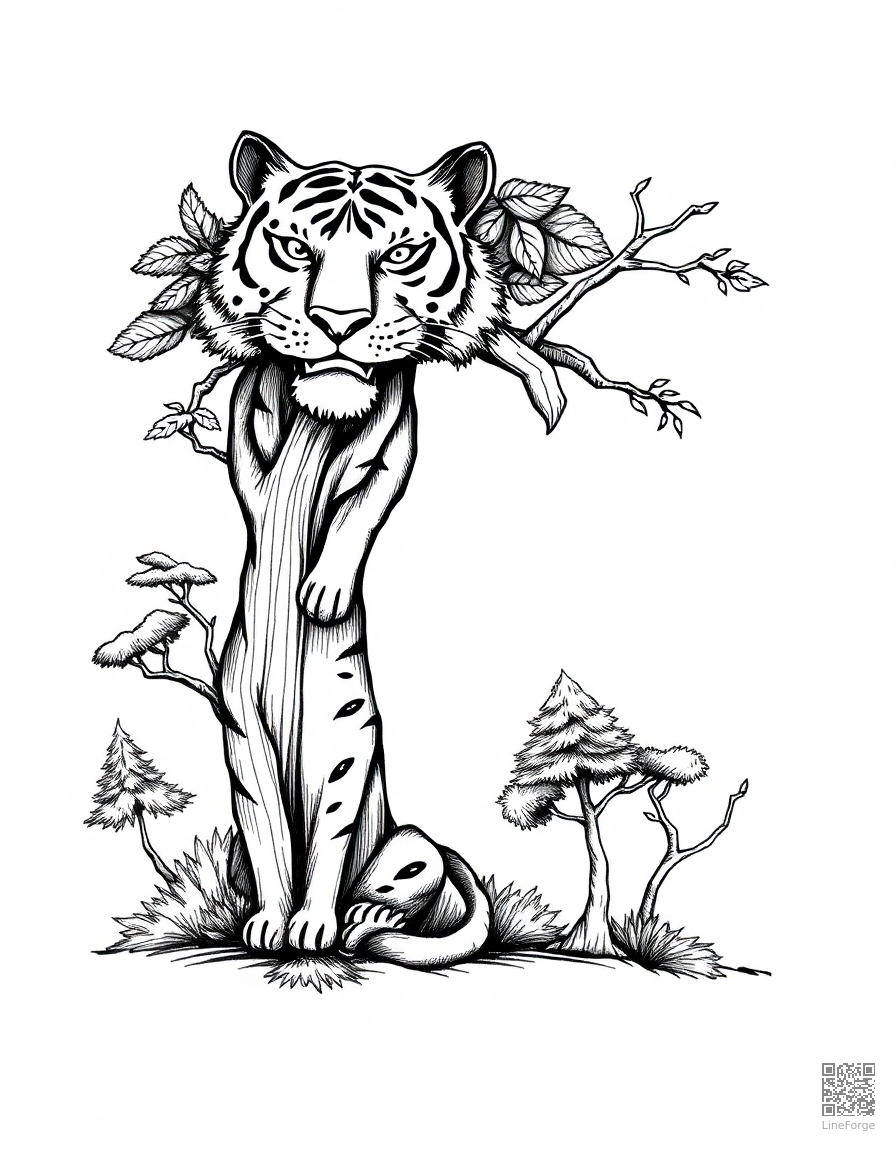 letter T decorated with tigers and trees coloring page Crosshatch style - free printable