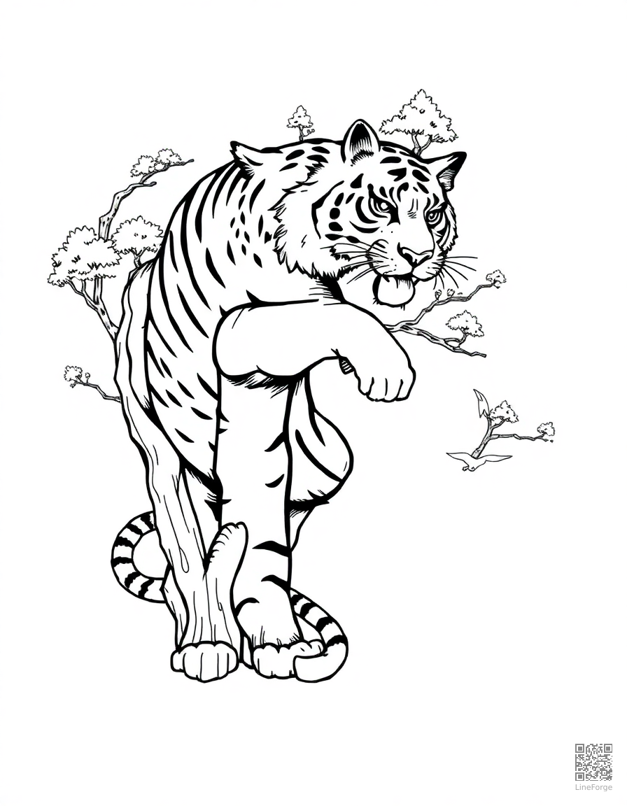letter T decorated with tigers and trees coloring page Manga style - free printable