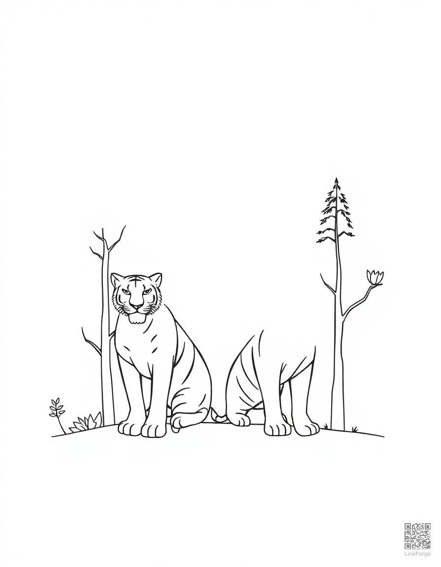 letter T decorated with tigers and trees coloring page Minimal style - free printable