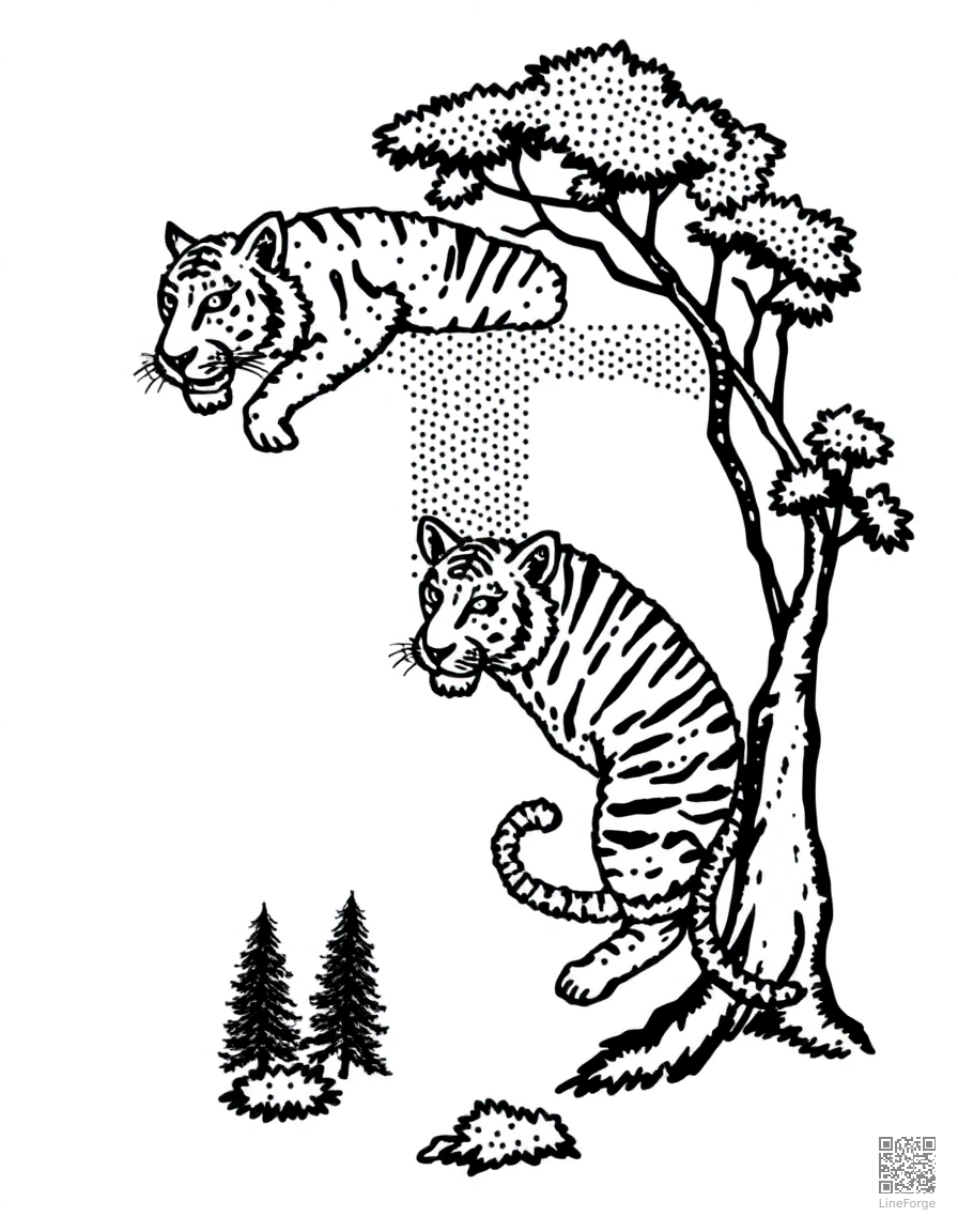letter T decorated with tigers and trees coloring page Stipple style - free printable