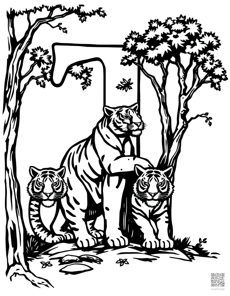 letter T decorated with tigers and trees coloring page Woodcut style - free printable