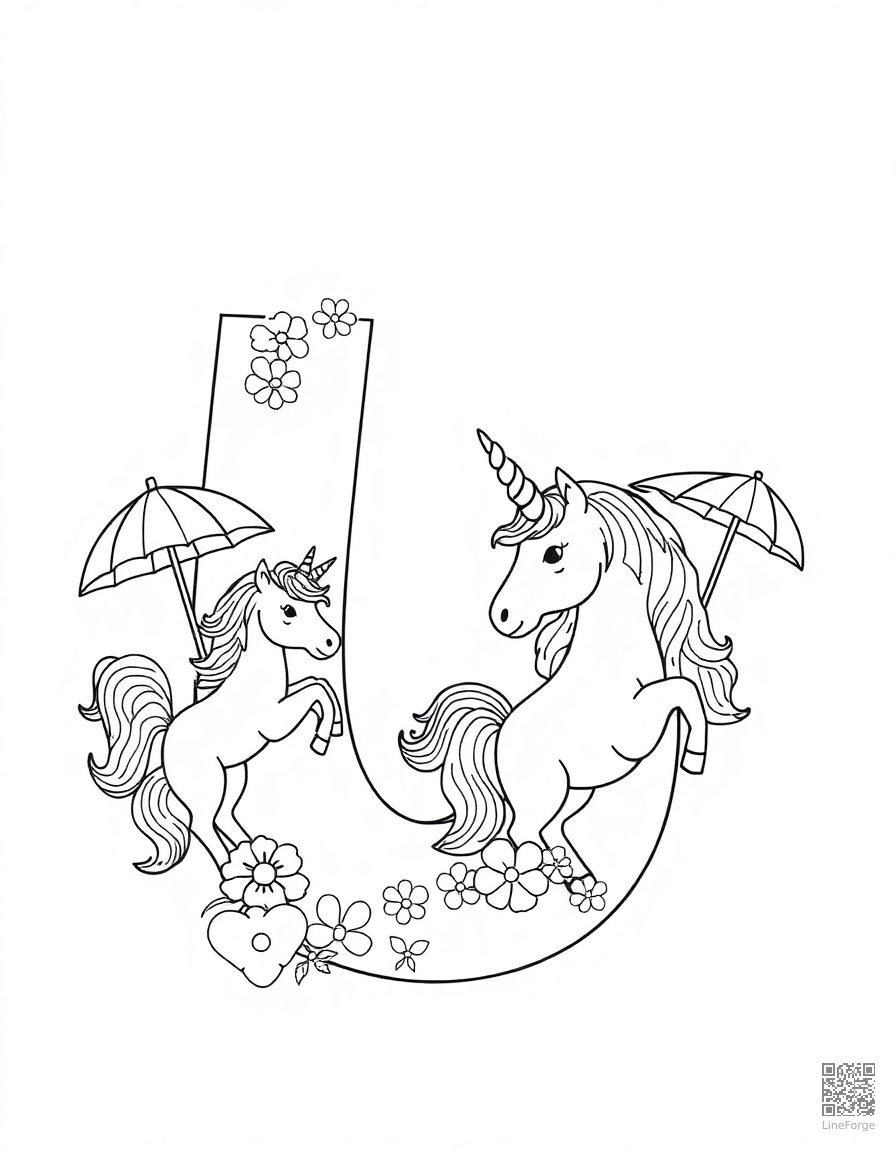 letter U decorated with unicorns and umbrellas coloring page Contour style - free printable