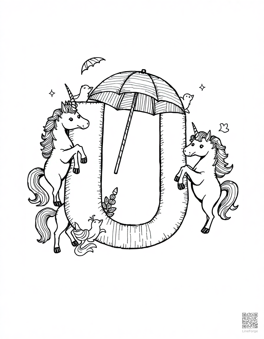 letter U decorated with unicorns and umbrellas coloring page Crosshatch style - free printable