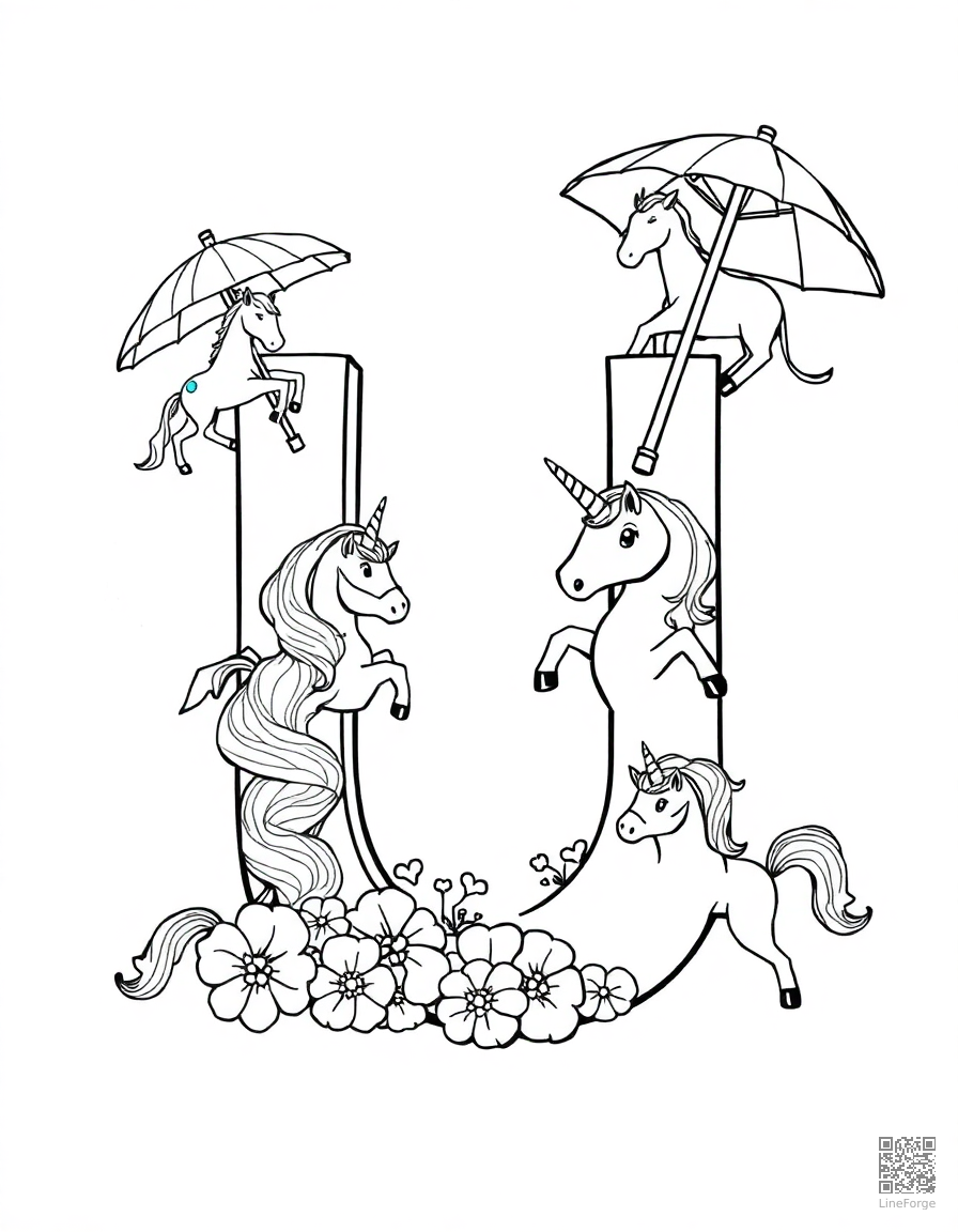 letter U decorated with unicorns and umbrellas coloring page Manga style - free printable