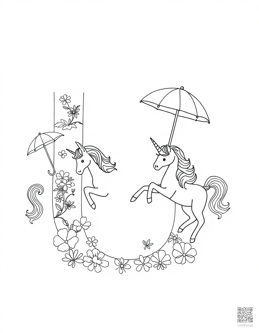 letter U decorated with unicorns and umbrellas coloring page Minimal style - free printable