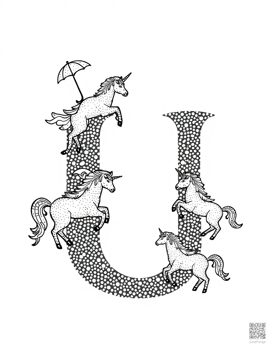 letter U decorated with unicorns and umbrellas coloring page Stipple style - free printable