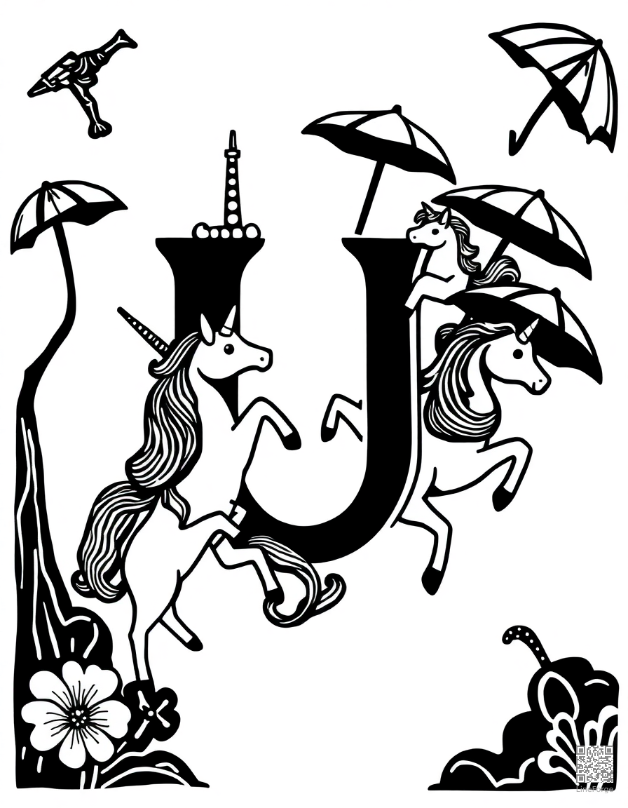 letter U decorated with unicorns and umbrellas coloring page Woodcut style - free printable