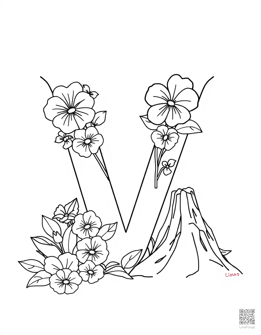 letter V decorated with violets and volcanoes coloring page Contour style - free printable