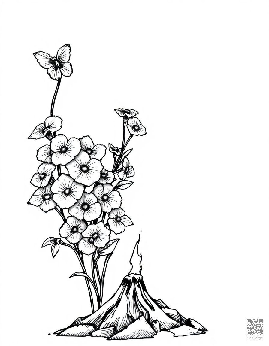 letter V decorated with violets and volcanoes coloring page Crosshatch style - free printable