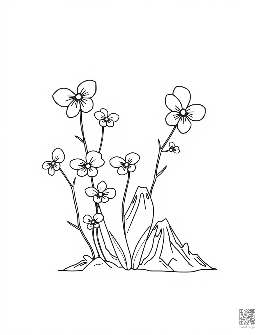 letter V decorated with violets and volcanoes coloring page Minimal style - free printable