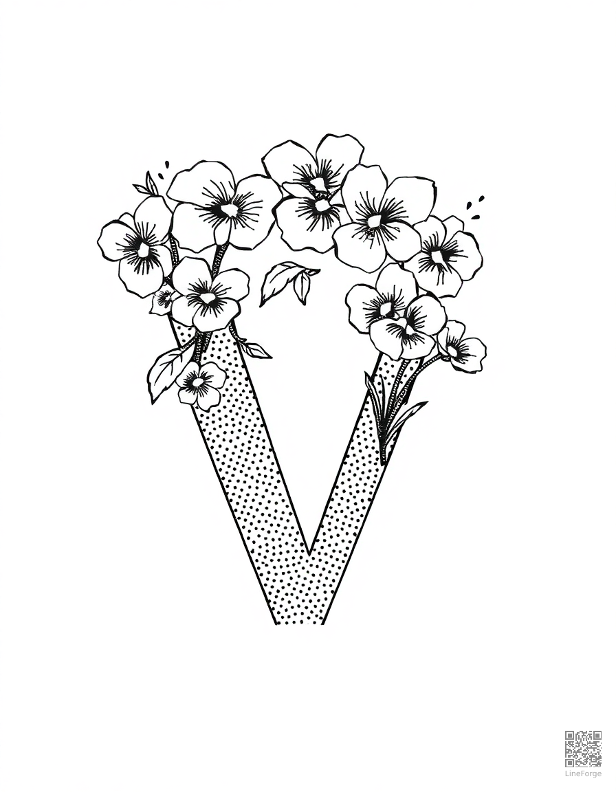 letter V decorated with violets and volcanoes coloring page Stipple style - free printable