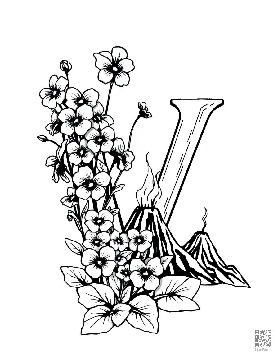 letter V decorated with violets and volcanoes coloring page Woodcut style - free printable