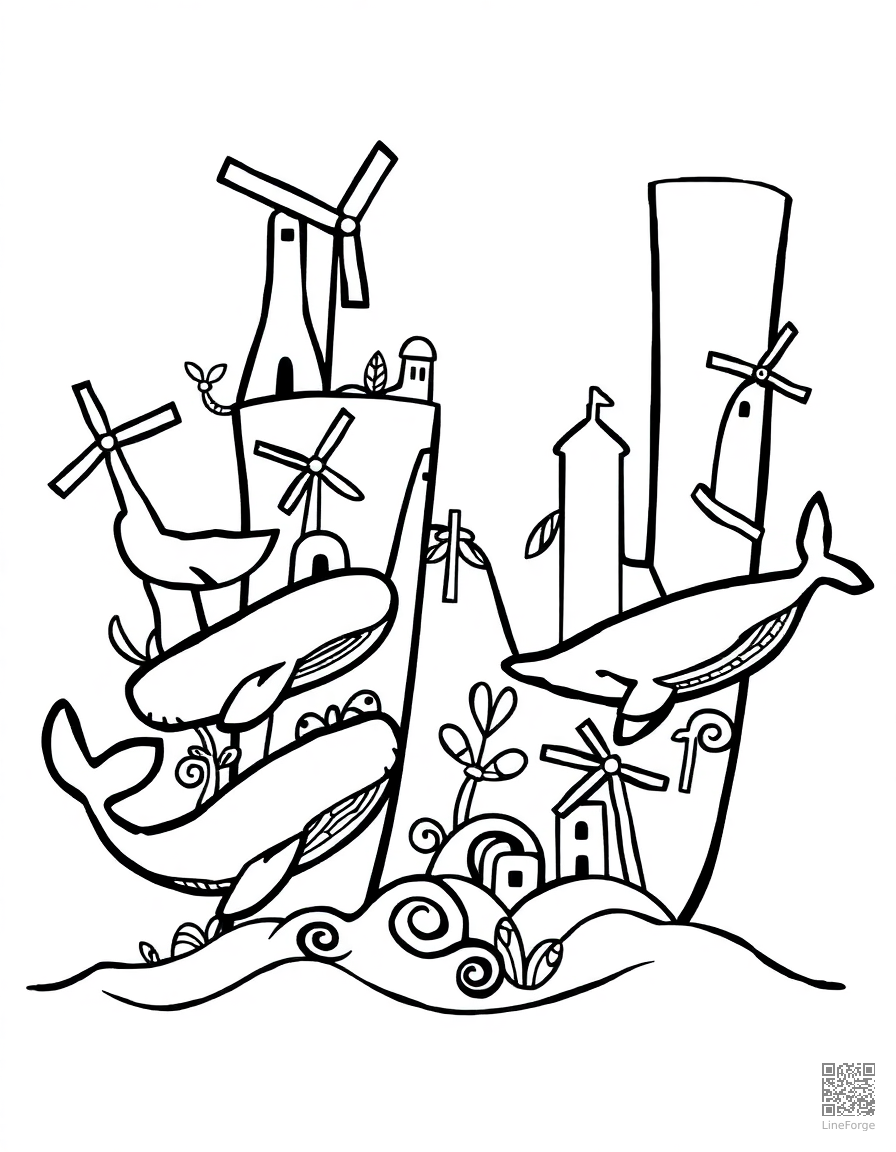 letter W decorated with whales and windmills coloring page Contour style - free printable