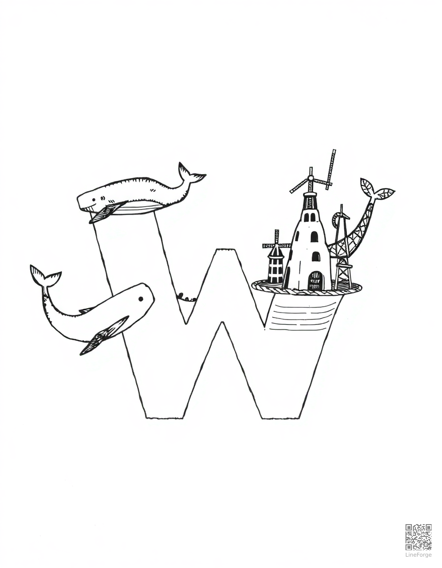 letter W decorated with whales and windmills coloring page Crosshatch style - free printable
