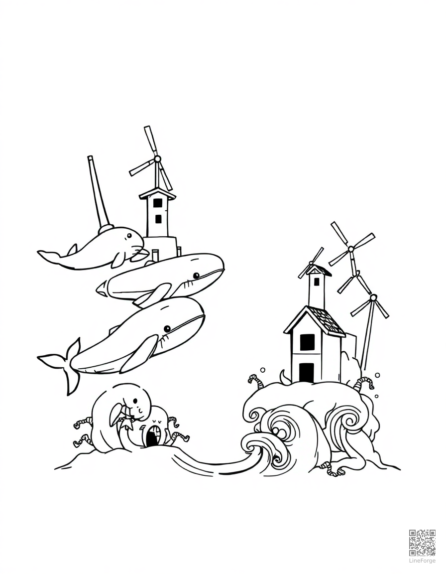letter W decorated with whales and windmills coloring page Manga style - free printable