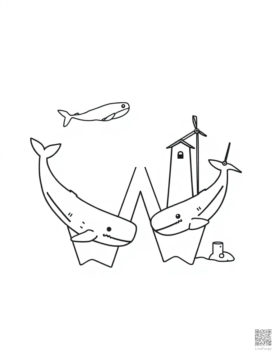 letter W decorated with whales and windmills coloring page Minimal style - free printable