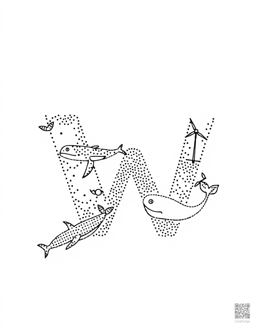 letter W decorated with whales and windmills coloring page Stipple style - free printable