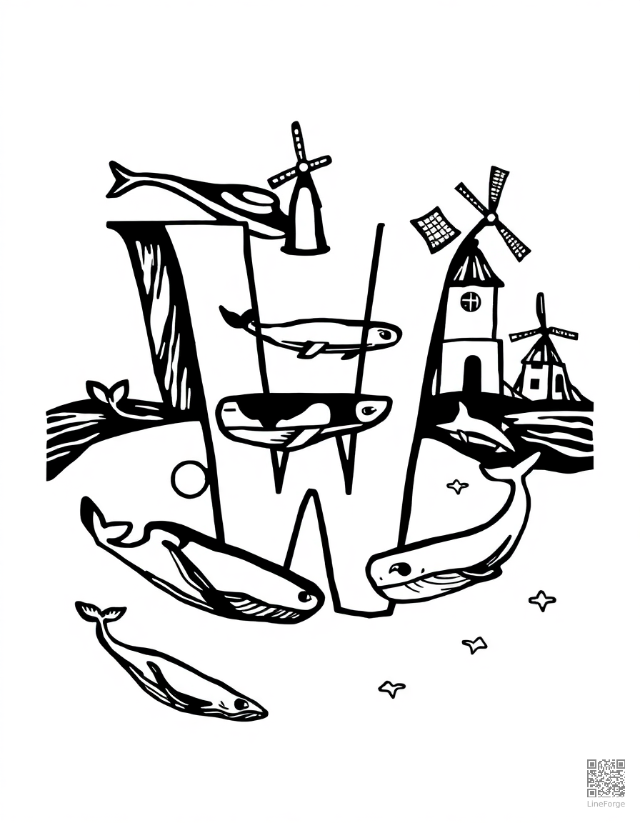 letter W decorated with whales and windmills coloring page Woodcut style - free printable