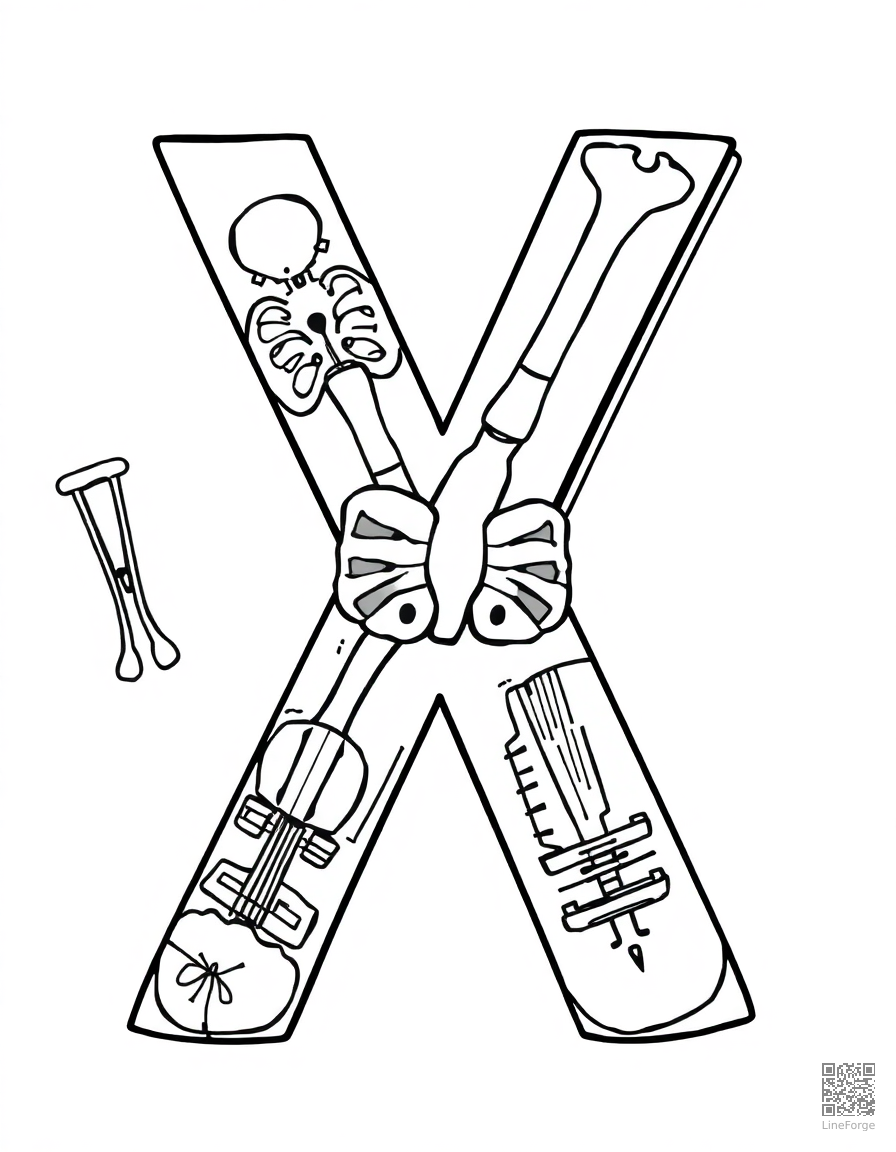 letter X decorated with x-rays and xylophones coloring page Contour style - free printable