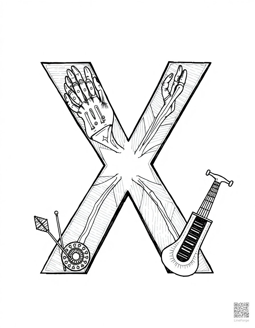 letter X decorated with x-rays and xylophones coloring page Crosshatch style - free printable