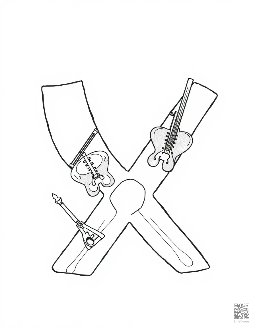 letter X decorated with x-rays and xylophones coloring page Manga style - free printable
