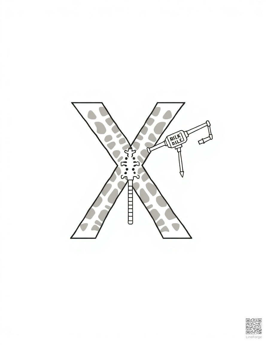 letter X decorated with x-rays and xylophones coloring page Minimal style - free printable