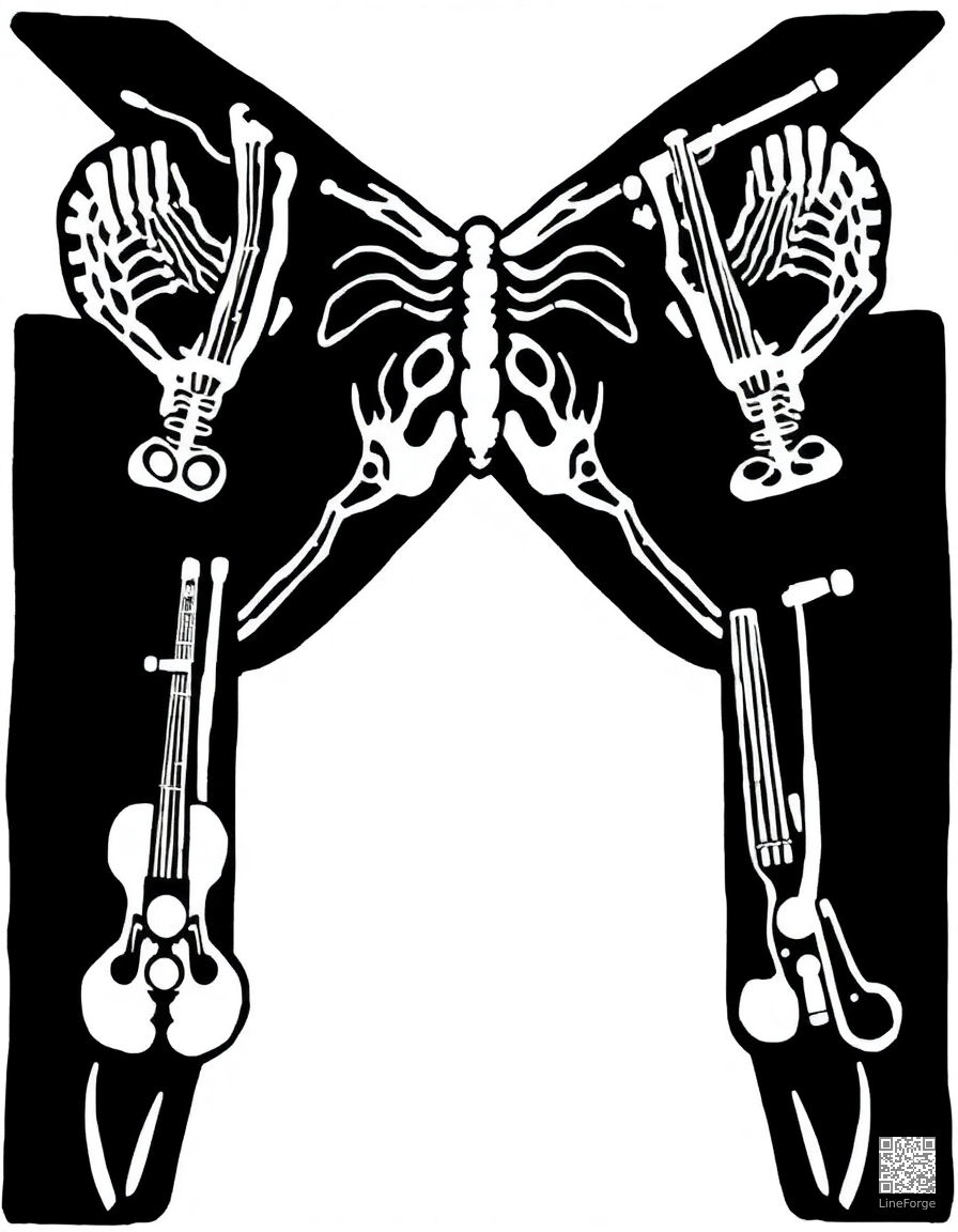 letter X decorated with x-rays and xylophones coloring page Woodcut style - free printable