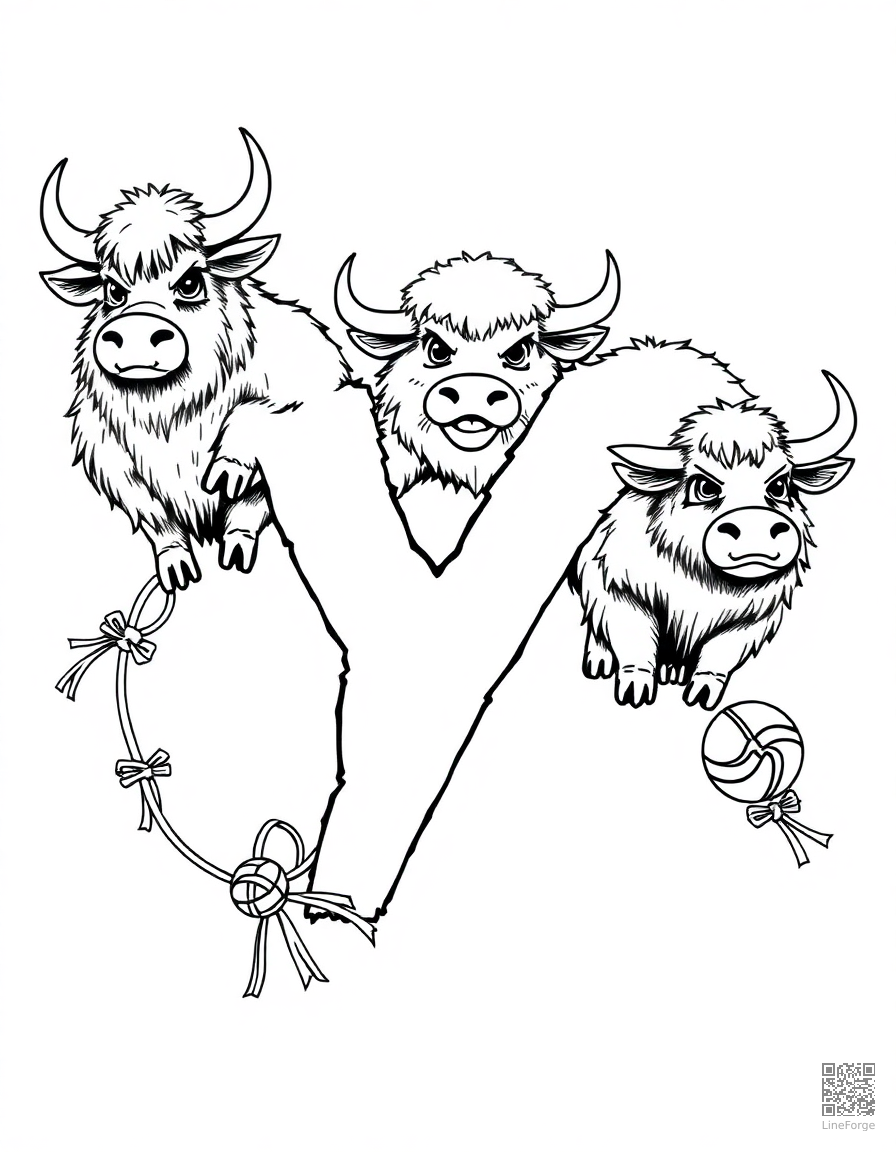 letter Y decorated with yaks and yo-yos coloring page Manga style - free printable