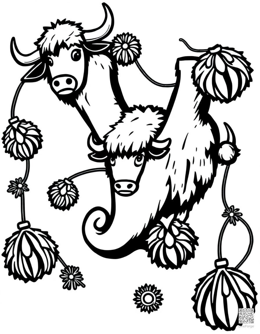 letter Y decorated with yaks and yo-yos coloring page Woodcut style - free printable