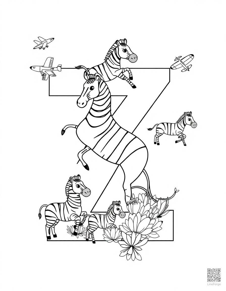 letter Z decorated with zebras and zeppelins coloring page Contour style - free printable