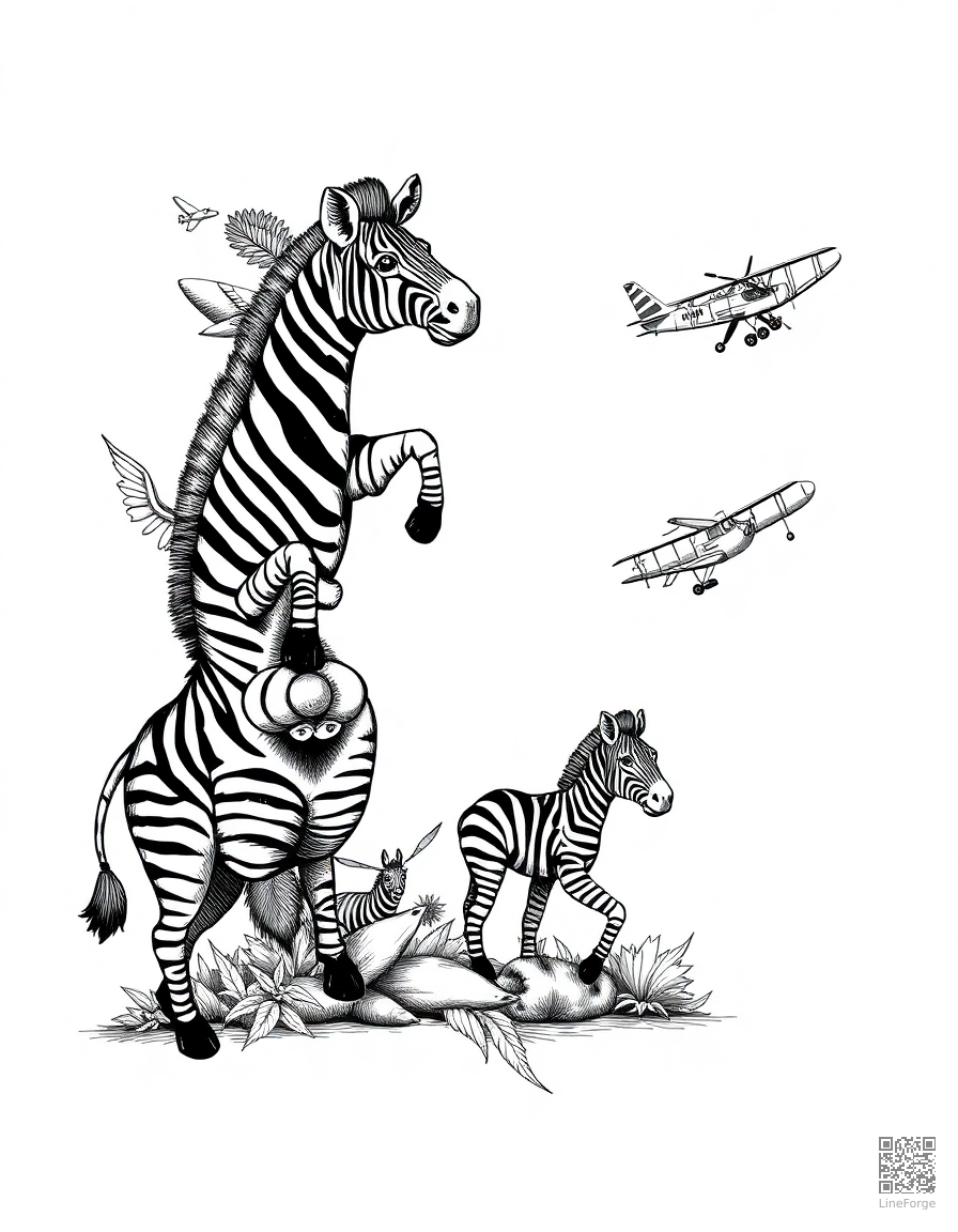 letter Z decorated with zebras and zeppelins coloring page Crosshatch style - free printable