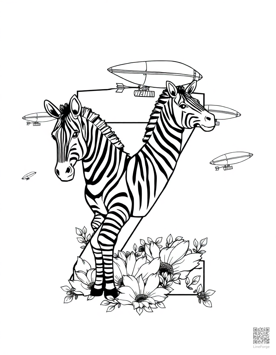 letter Z decorated with zebras and zeppelins coloring page Manga style - free printable