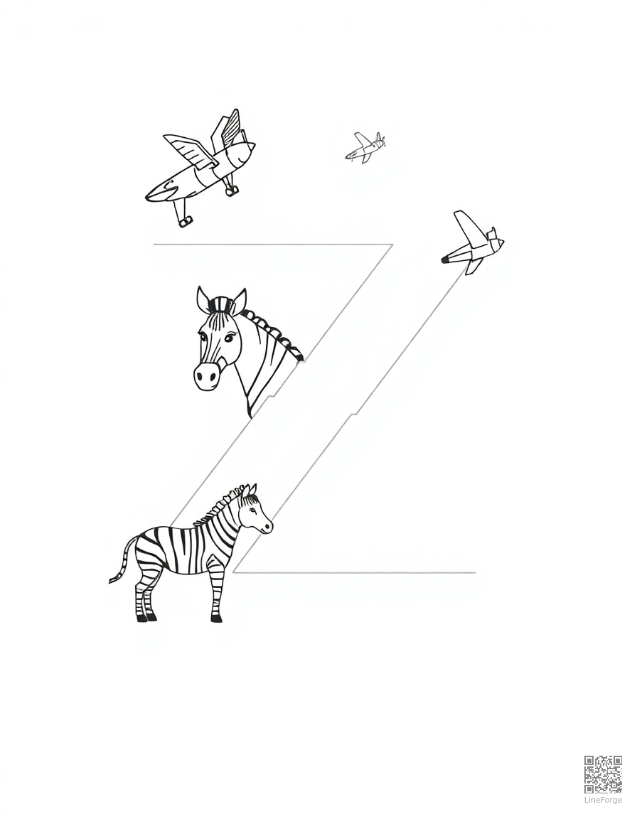 letter Z decorated with zebras and zeppelins coloring page Minimal style - free printable