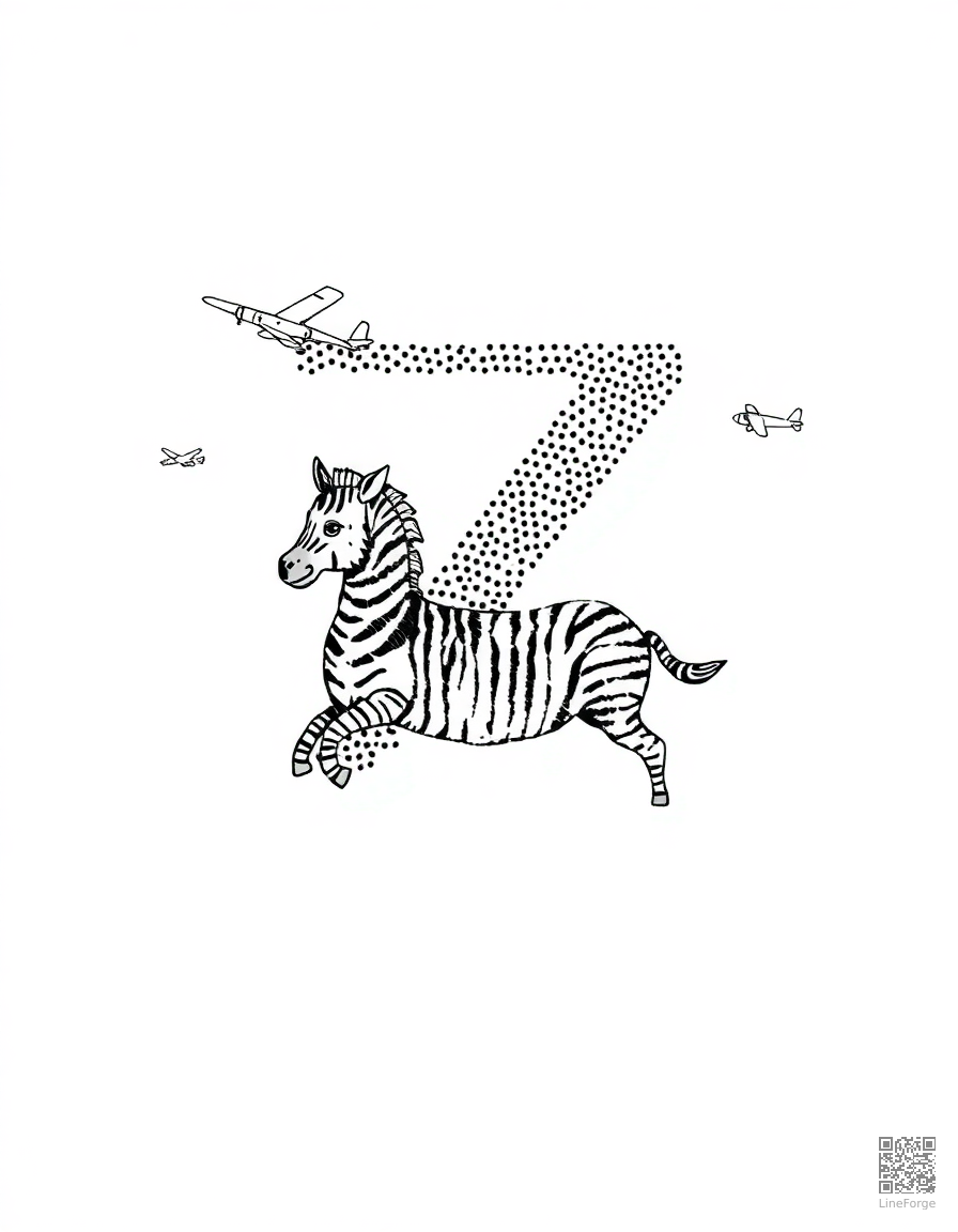 letter Z decorated with zebras and zeppelins coloring page Stipple style - free printable