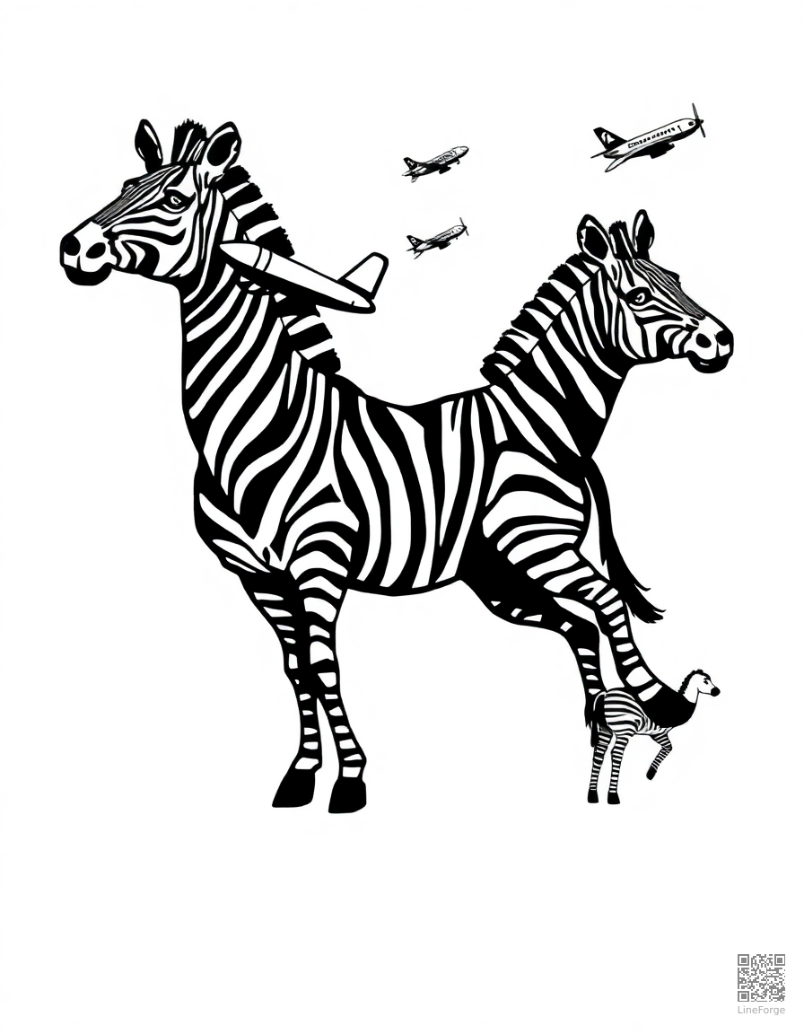 letter Z decorated with zebras and zeppelins coloring page Woodcut style - free printable