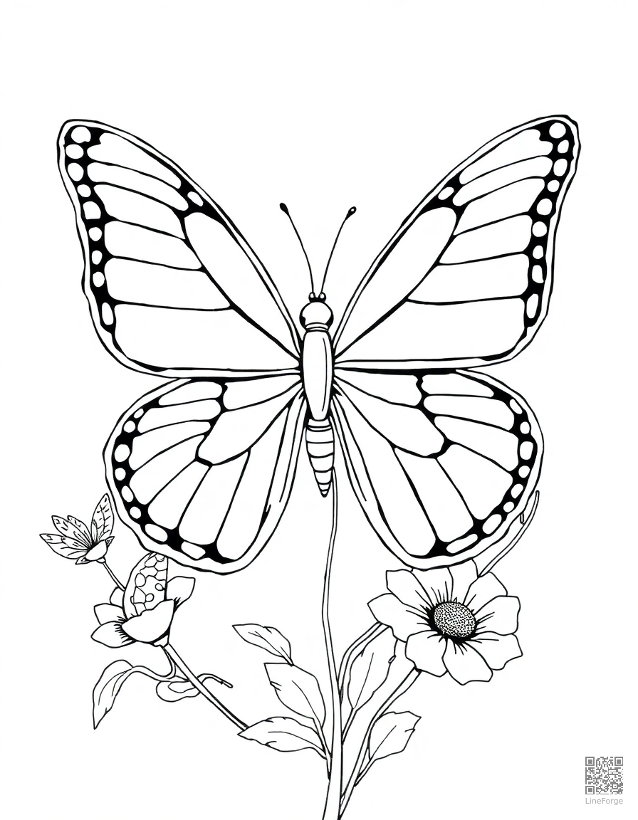 Free life cycle of a butterfly diagram coloring page in manga style — printable line art