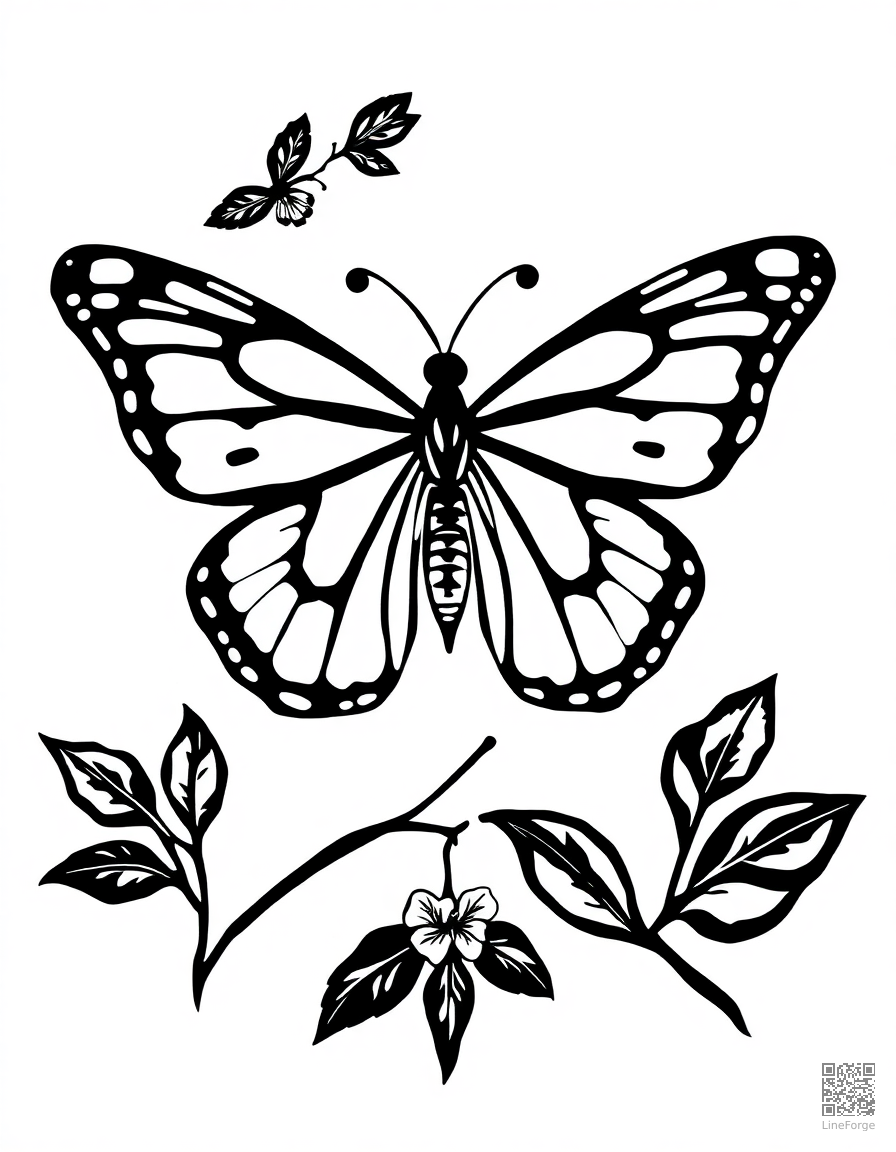 Free life cycle of a butterfly diagram coloring page in woodcut style — printable line art