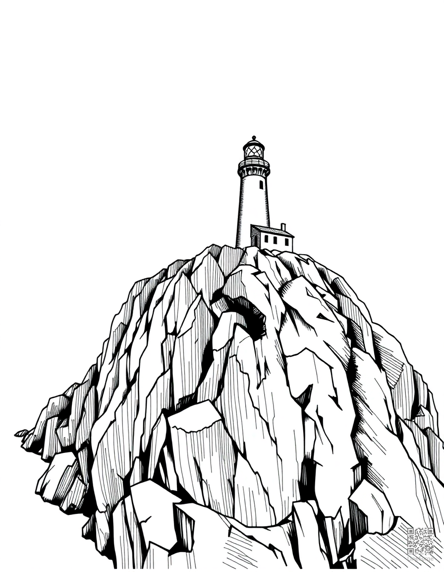 Lighthouse on a rocky cliff coloring page Crosshatch style - free printable