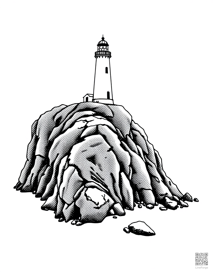 Lighthouse on a rocky cliff coloring page Stipple style - free printable