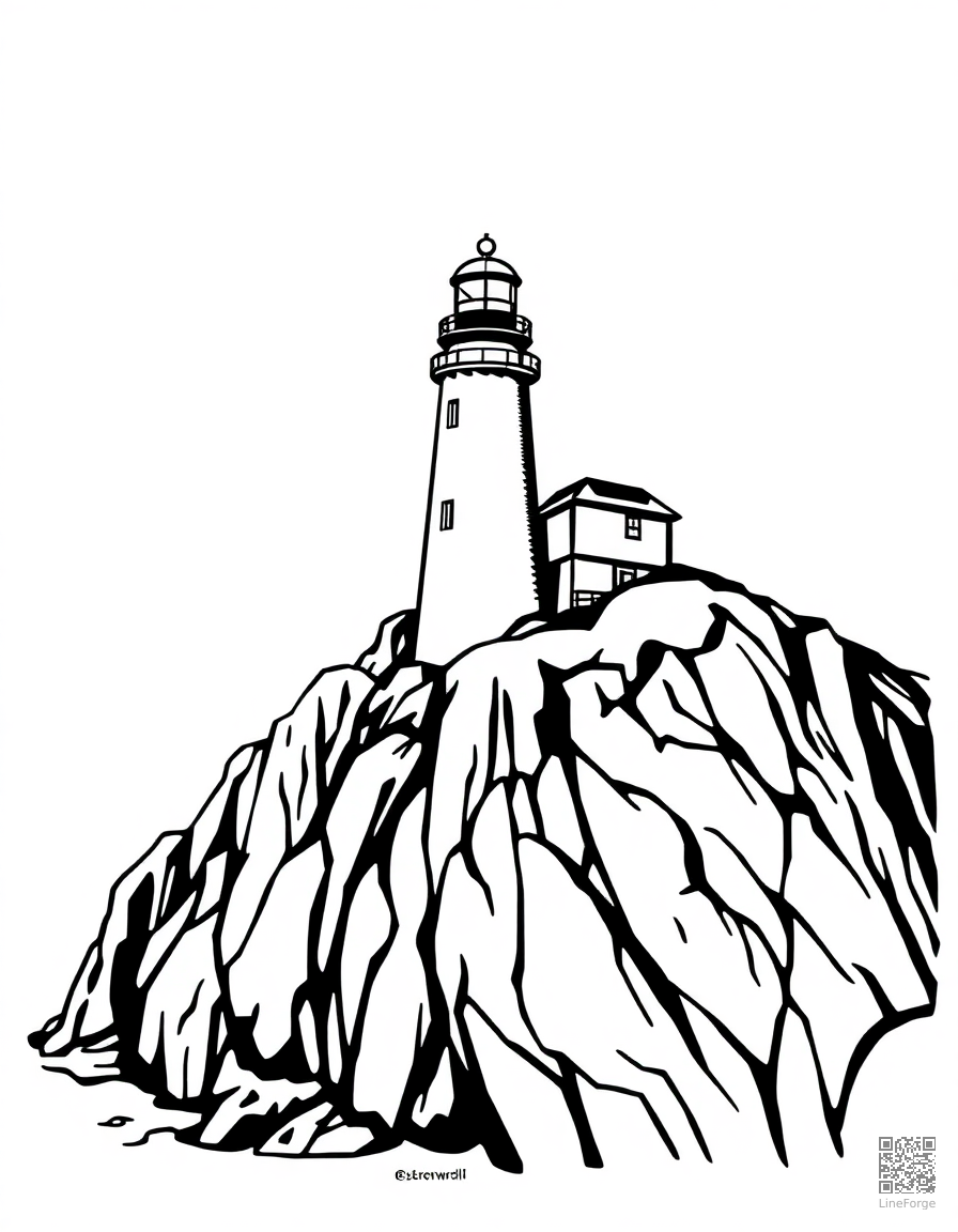 Lighthouse on a rocky cliff coloring page Woodcut style - free printable