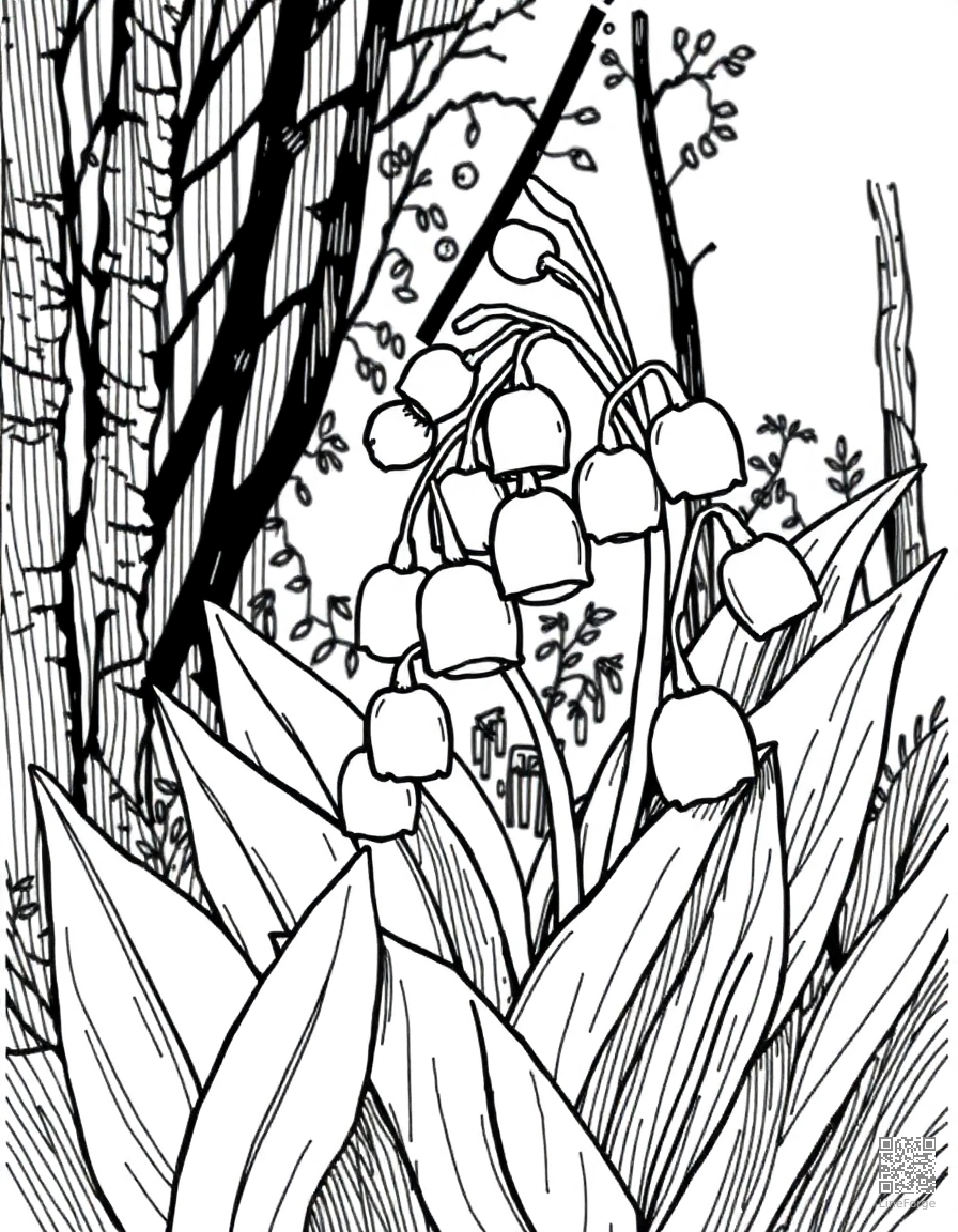 Free lily of the valley in a woodland setting coloring page in crosshatch style — printable line art