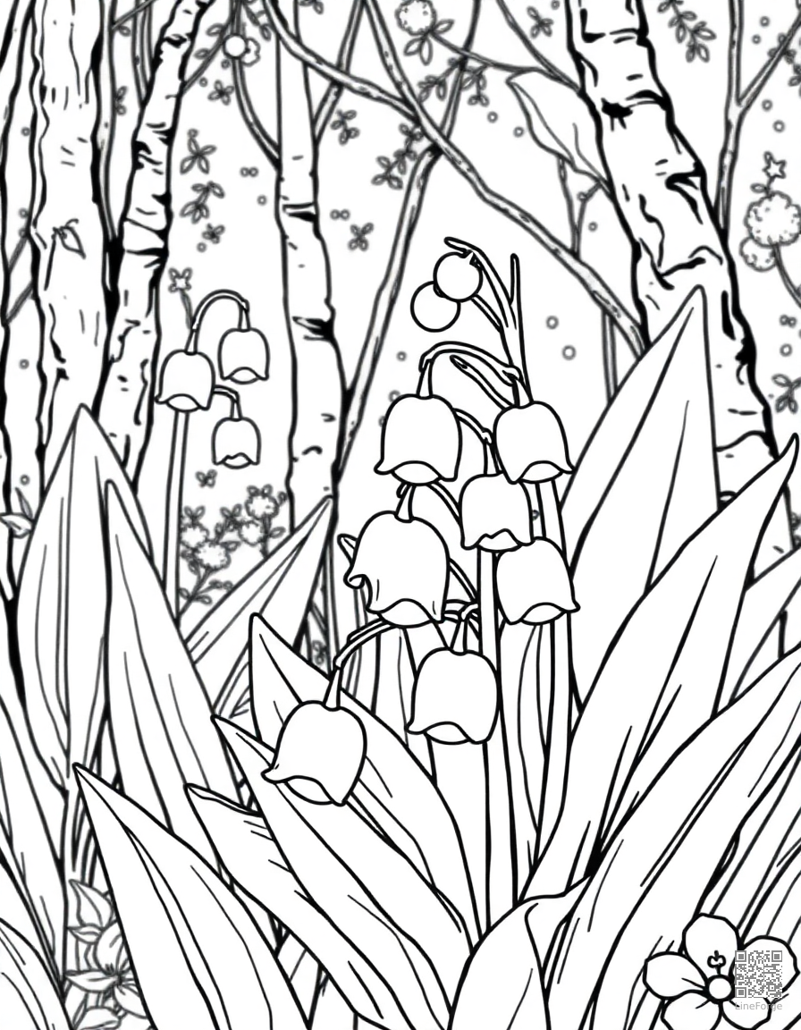 Free lily of the valley in a woodland setting coloring page in manga style — printable line art