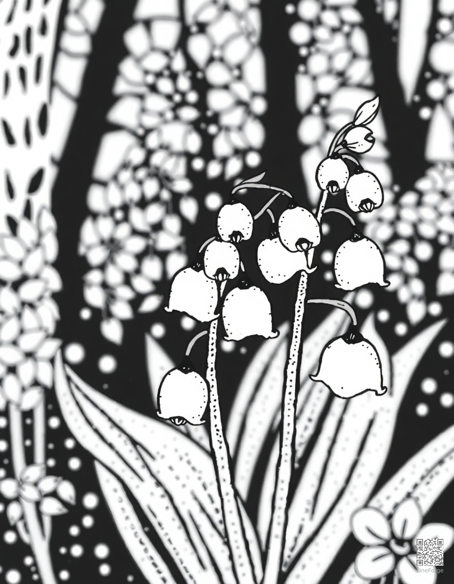 Free lily of the valley in a woodland setting coloring page in stipple style — printable line art