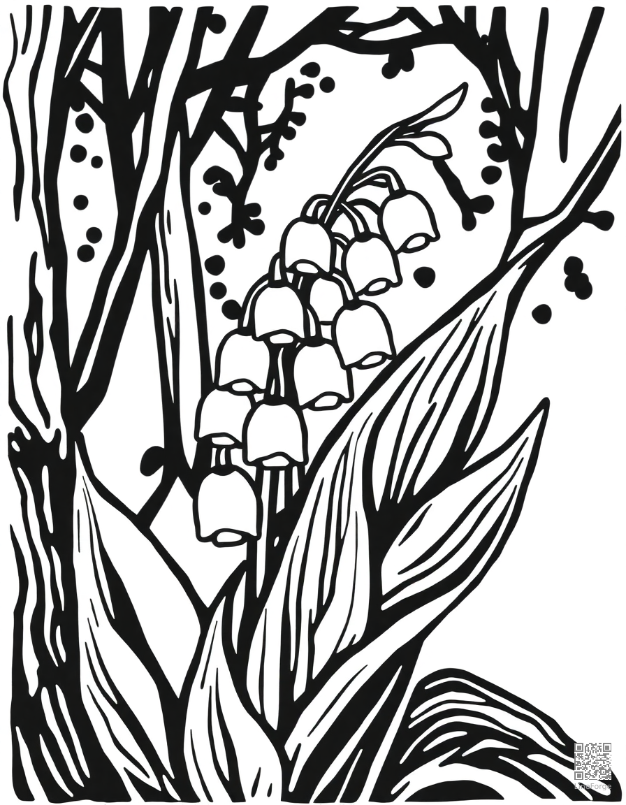 Free lily of the valley in a woodland setting coloring page in woodcut style — printable line art