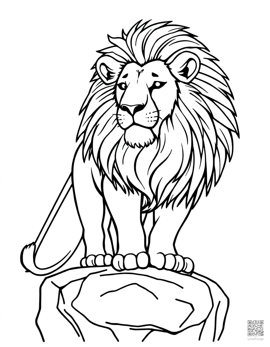 Free lion with majestic mane standing on a rock coloring page in contour style — printable line art