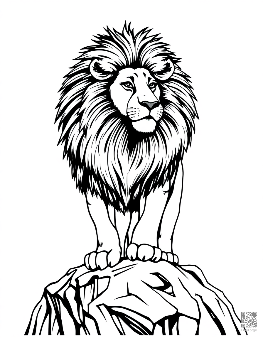 Free lion with majestic mane standing on a rock coloring page in crosshatch style — printable line art